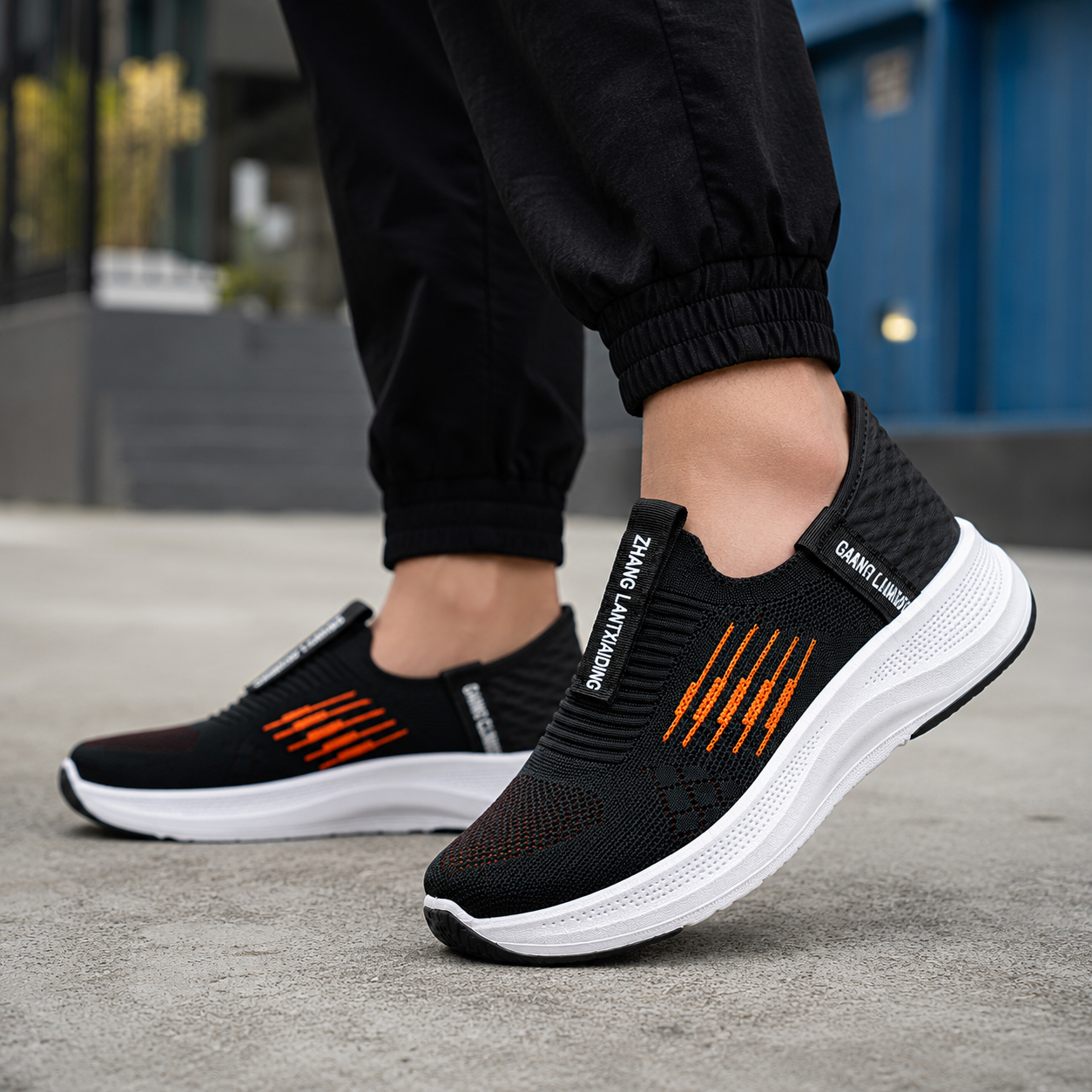 Men's Knit Slip-On Running Shoes – Black & Orange