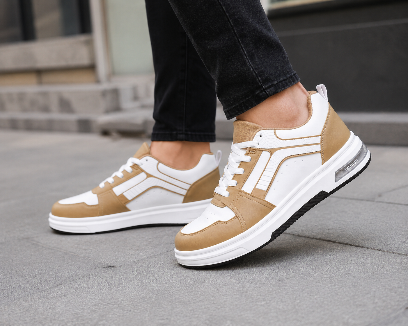 Men's White & Beige Street Sneakers